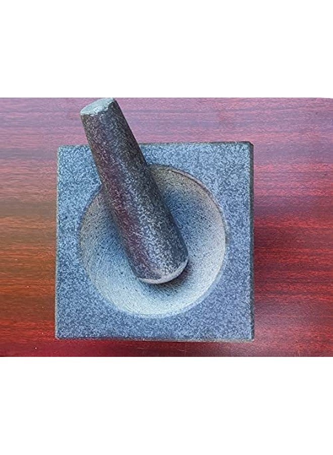 Subaa Stone Mortar and Pestle Set for Spices Okhli Masher Khalbatta stone Kharal, Mixer Natural & Musal Well Design for Kitchen Home Herbs (6 IN) Large Size, Square type-6Inch Dia - Image 2