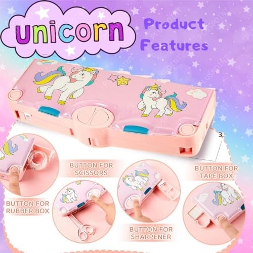 PLUSPOINT Unicorn Multifunctional Pencil Box for Kids, Unicorn Theme Pencil Case, Magnetic Pencil Box,Pop up with Buttons Return Gifts for Kids Girls - Image 3