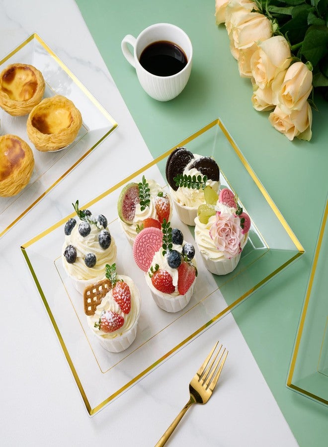 FOCUSLINE 8 PCS Plastic Serving Trays for Party, Clear and Gold Rim Serving Platters and Trays, Premium Plastic Fruit Tray, Disposable Platters for Cupcake, Dessert, Appetizers - Image 2