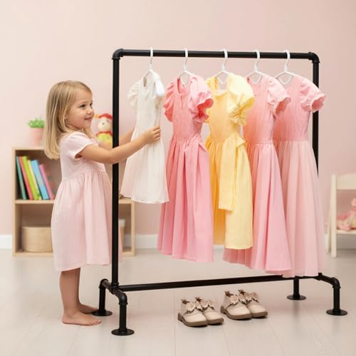 DOFURNILIM Kids Pipes Dress up Clothing Rack, Kids Clothes Rack, Child Garment Rack, Hanging Clothes Rod Storage Shelf Organizers Shelves Shelving, Black Metal - Image 1