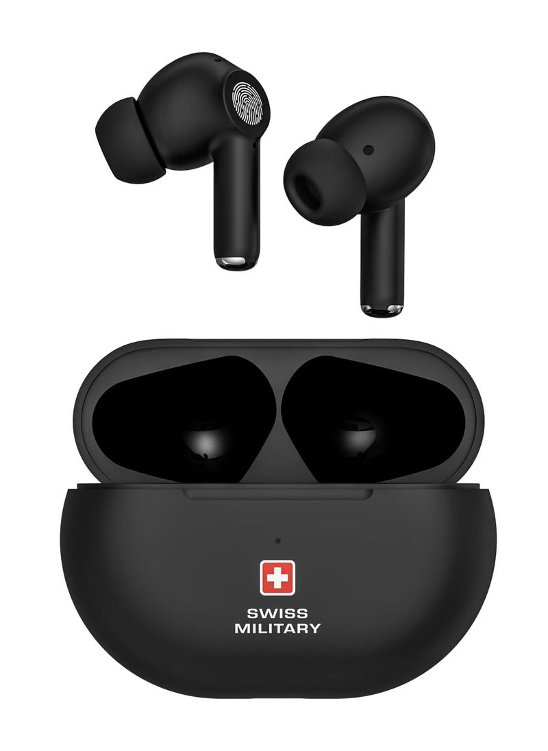 SWISS MILITARY Swiss Military Delta5 Active Noise Cancelling Earbuds with ENC & Transparency Mode, Smart Touch Sensors, 300Hr Standby & 5Hr Music Time, Seamless Connectivity, Works with Android/iOS Phones- Black  - Image 1