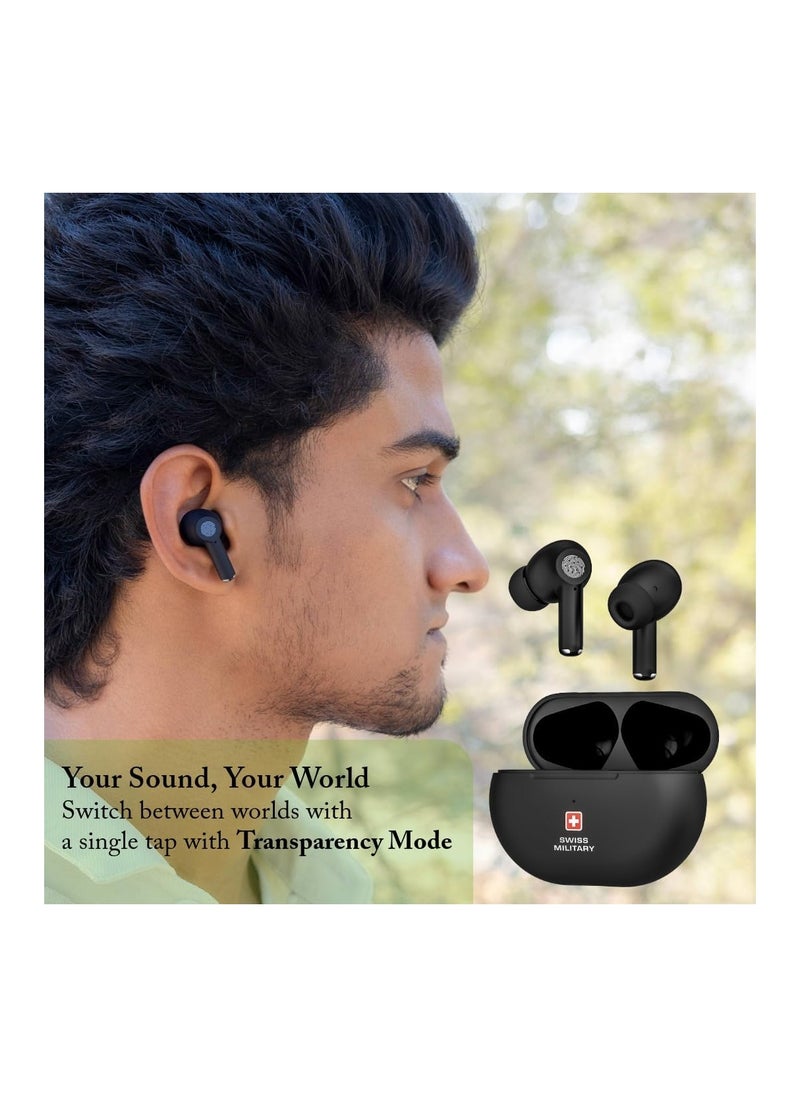 SWISS MILITARY Swiss Military Delta5 Active Noise Cancelling Earbuds with ENC & Transparency Mode, Smart Touch Sensors, 300Hr Standby & 5Hr Music Time, Seamless Connectivity, Works with Android/iOS Phones- Black  - Image 5