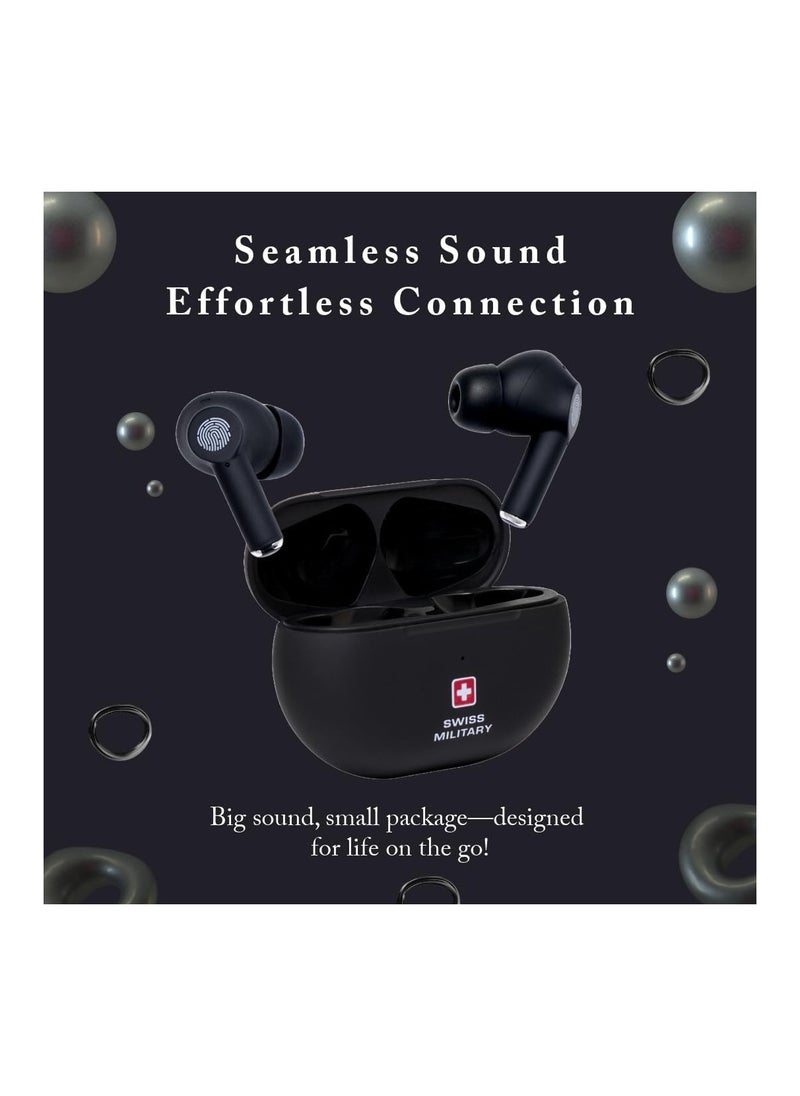 SWISS MILITARY Swiss Military Delta5 Active Noise Cancelling Earbuds with ENC & Transparency Mode, Smart Touch Sensors, 300Hr Standby & 5Hr Music Time, Seamless Connectivity, Works with Android/iOS Phones- Black  - Image 3