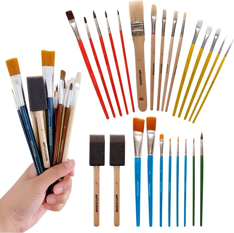 Artlicious Foam Brushes Wood Handle Paint Brush Set - Use with Craft, Watercolor, Oil, Gouache Paints, Face Art, Washable Paints, Miniature Detailing and Rock Painting - Image 1