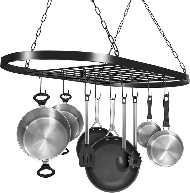 Sorbus Pot and Pan Rack for Ceiling with Hooks  Decorative Oval Mounted Storage Rack  MultiPurpose Organizer for Home Restaurant Kitchen Cookware Utensils Books Household Hanging Black - Image 1