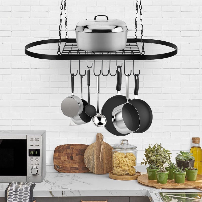 Sorbus Pot and Pan Rack for Ceiling with Hooks  Decorative Oval Mounted Storage Rack  MultiPurpose Organizer for Home Restaurant Kitchen Cookware Utensils Books Household Hanging Black - Image 2