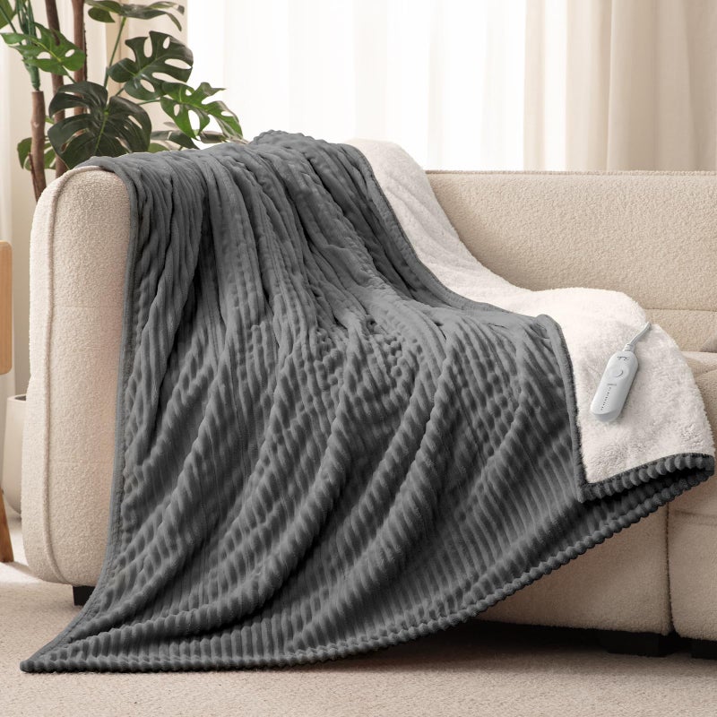 Reaks Electric Heated Throw Blanket, Silky Soft Flannel & Sherpa Heating Blanket Throw with 5 Heat Levels & 3 Hours Auto Off, Warm Gifts for Women Mom Grandma, ETL Certified (50x60 inches, Grey) - Image 1