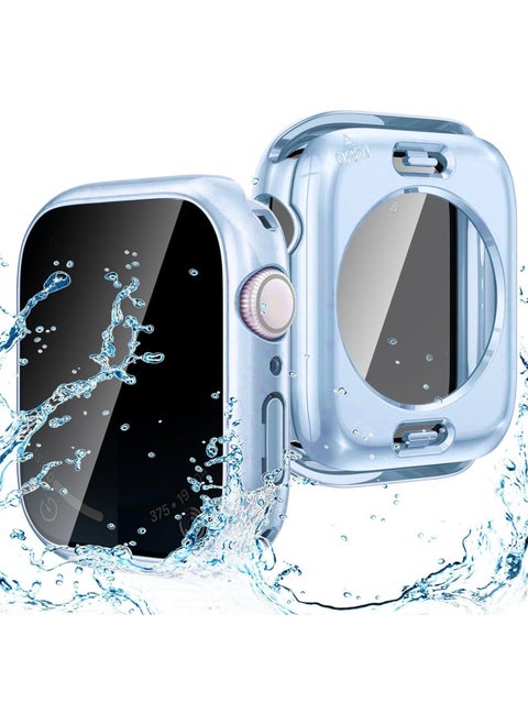 Applicable To For Apple Watch Waterproof Anti-peep Case Protective Cover For Apple Watch Tempered Case Film Integrated S9/8/7/6-Color:Far Peak Blue [waterproof And Peep-proof Full Package]]-Exterior Dimension:41MM [for IWatch 7/8/9]]
