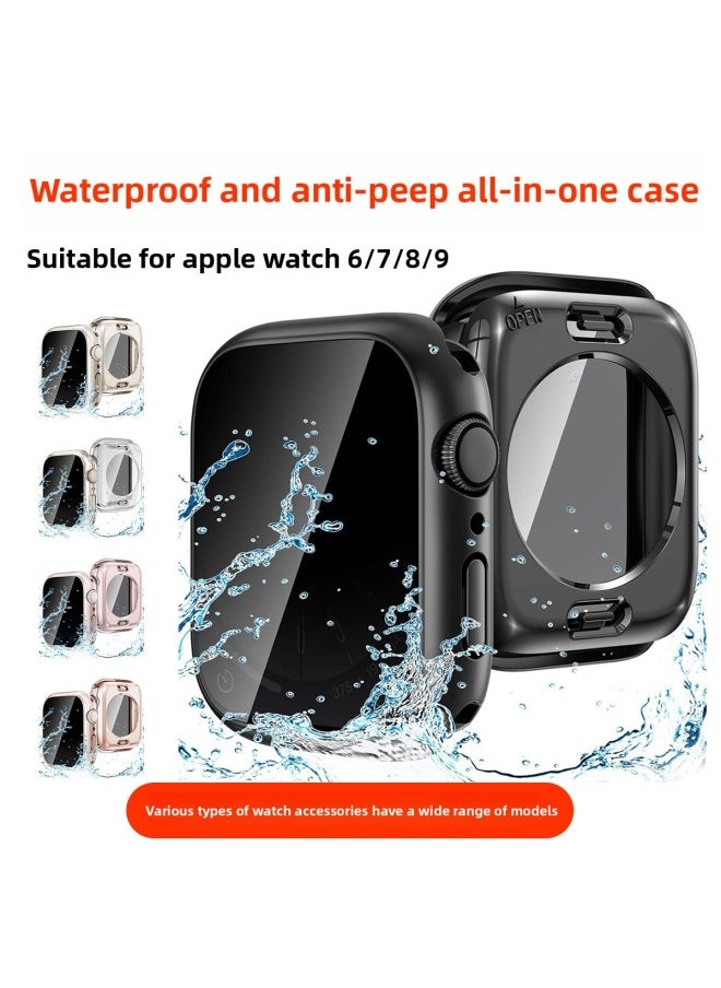 Generic - Applicable To For Apple Watch Waterproof Anti-peep Case Protective Cover For Apple Watch Tempered Case Film Integrated S9/8/7/6-Color:Far Peak Blue [waterproof And Peep-proof Full Package]]-Exterior Dimension:41MM [for IWatch 7/8/9]] - Image 1