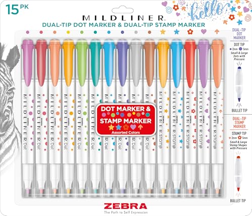 Zebra Pen Mildliner DualTip Dot and Stamp Marker WaterBased Pigment Ink Dot Markets Assorted Shape Stamp Markers Assorted Colors Ideal for Journaling and Bulleted Lists 15Pack 73315 - Image 1