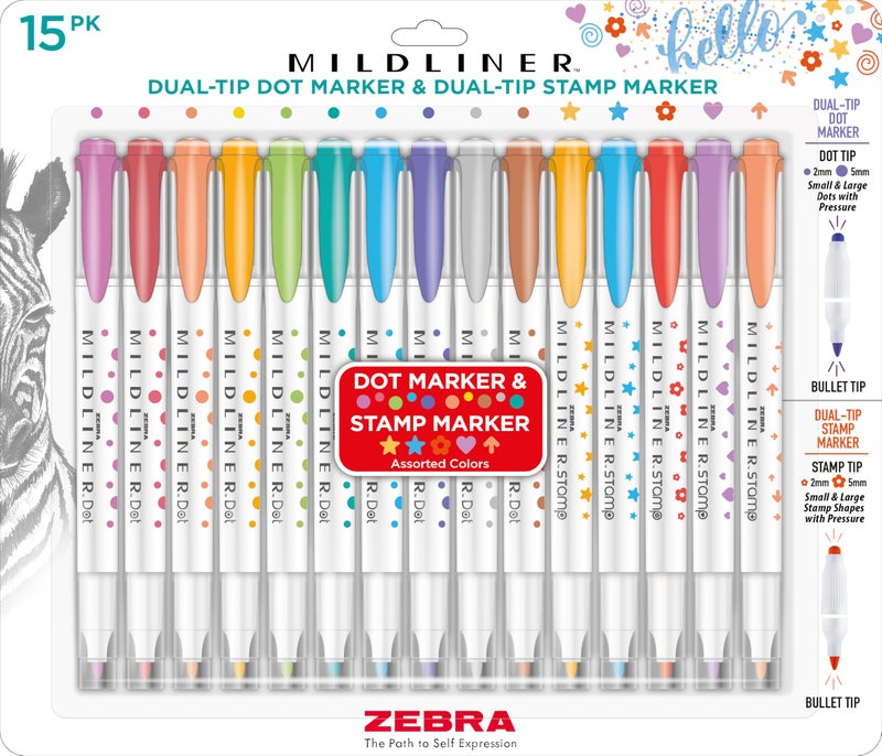 Zebra Pen Mildliner DualTip Dot and Stamp Marker WaterBased Pigment Ink Dot Markets Assorted Shape Stamp Markers Assorted Colors Ideal for Journaling and Bulleted Lists 15Pack 73315 - Image 2