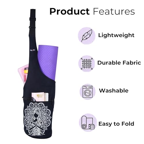 PANFIKH Yoga Mat Sling Bag - Adjustable Canvas Shoulder Carrier with Zippered Pocket for Pilates Accessories Fits Standard Size Mats (Black) - Image 2