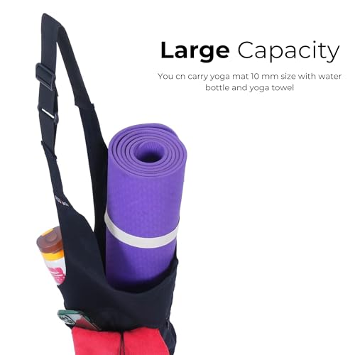PANFIKH Yoga Mat Sling Bag - Adjustable Canvas Shoulder Carrier with Zippered Pocket for Pilates Accessories Fits Standard Size Mats (Black) - Image 3