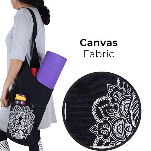 PANFIKH Yoga Mat Sling Bag - Adjustable Canvas Shoulder Carrier with Zippered Pocket for Pilates Accessories Fits Standard Size Mats (Black) - Image 4
