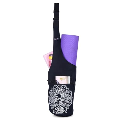 PANFIKH Yoga Mat Sling Bag - Adjustable Canvas Shoulder Carrier with Zippered Pocket for Pilates Accessories Fits Standard Size Mats (Black) - Image 1