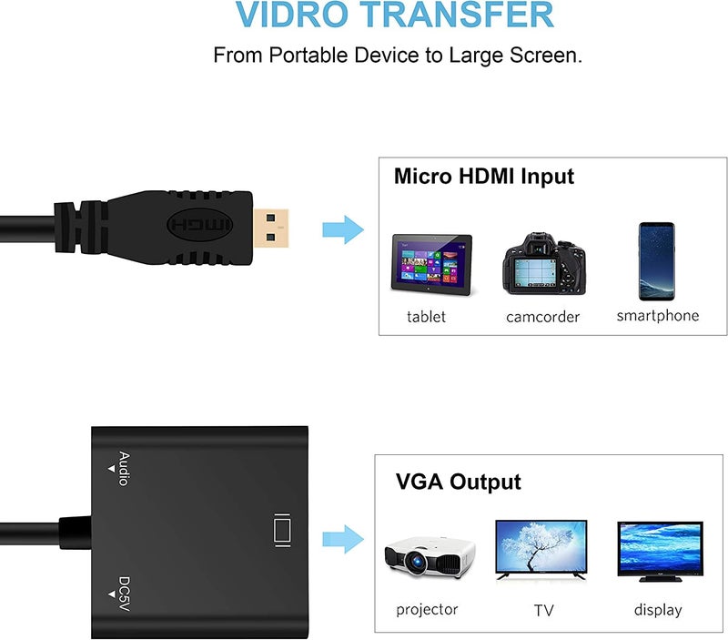 Tobo Micro HDMI to VGA Adapter, Active Micro HDMI to VGA Video Converter with 3.5mm Stereo Audio, Micro HDMI to VGA Cable (Male to Female) Compatible with Laptop, Projector, HDTV, Chromebook TD-212TC - Image 4