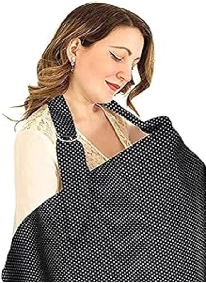 CANDY Breastfeeding Cover Up with Adjustable Strap * Black with White Dots * 100% Premium Cotton * Boned Nursing Cover * Breathable & Lightweight * Stylish & Discreet * incl Storage Bag & Towel Corners 