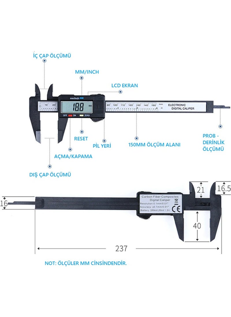 Koodmax Caliper Digital LCD Display Carbon Fiber Precision 150MM Thickness Gauge  - Image 5