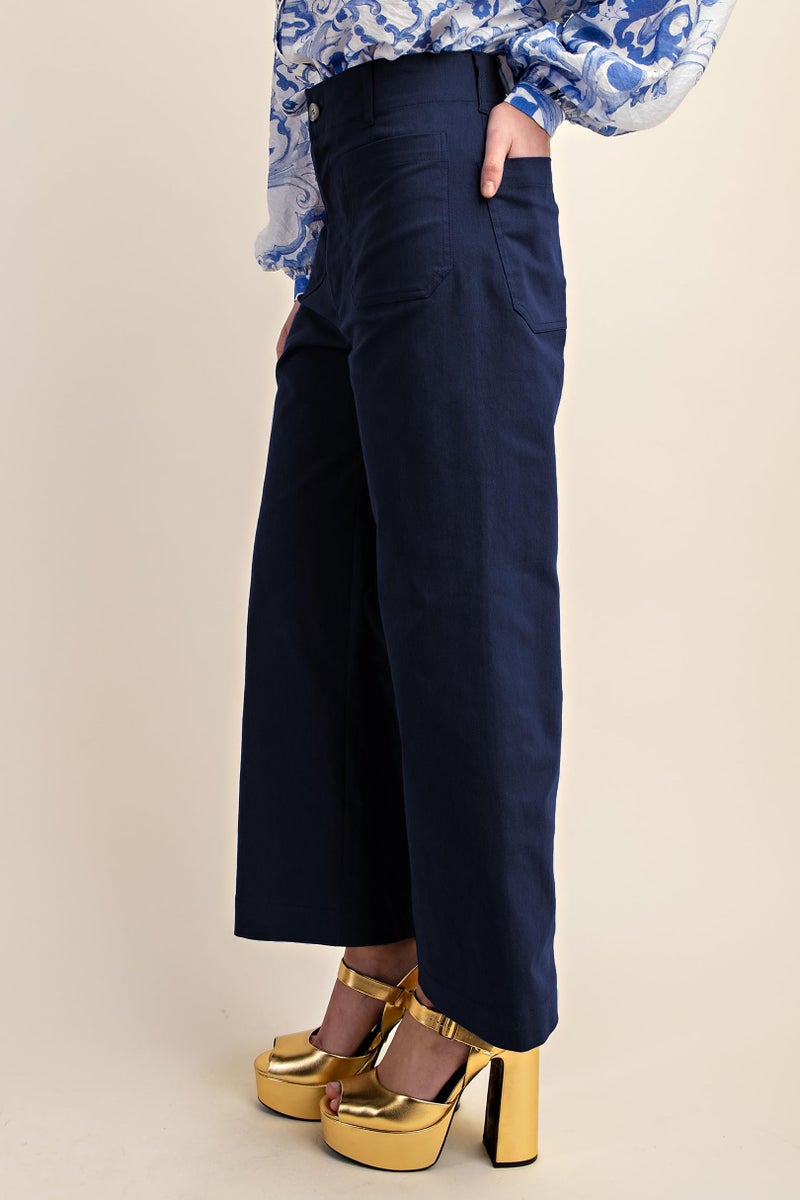 miduo Womens Pants Casual Button High Waisted Cropped Wide Leg Straight Leg Pants Trousers with Pockets Navy 26 - Image 4