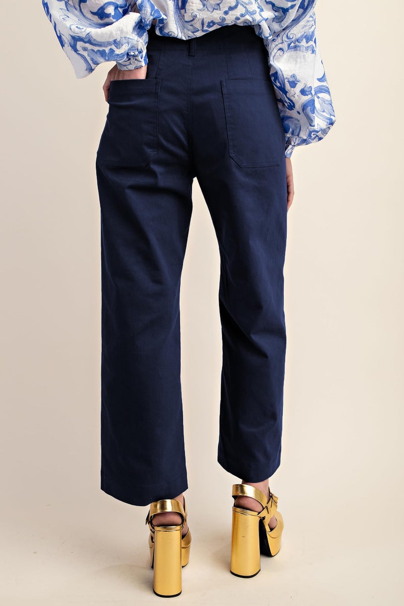 miduo Womens Pants Casual Button High Waisted Cropped Wide Leg Straight Leg Pants Trousers with Pockets Navy 26 - Image 5