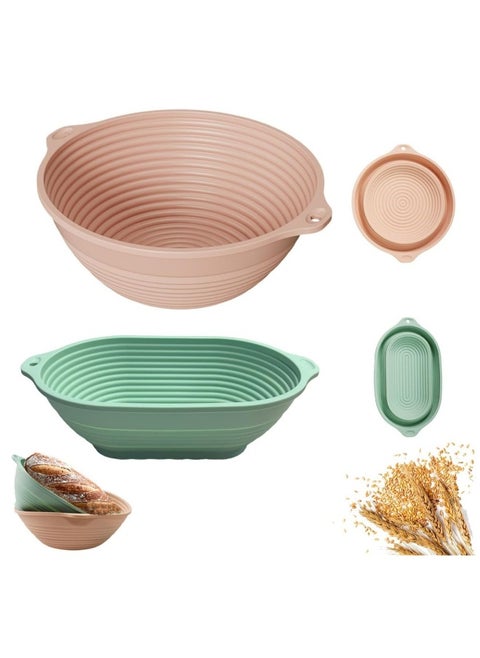 Silicone Banneton Basket,9 inch Silicone Bread Proofing Basket,2 Pack Sourdough Baking Supplies Collapsible Proofing Bowl for Home Baking & Beginners making (Round Pink+Oval Green)