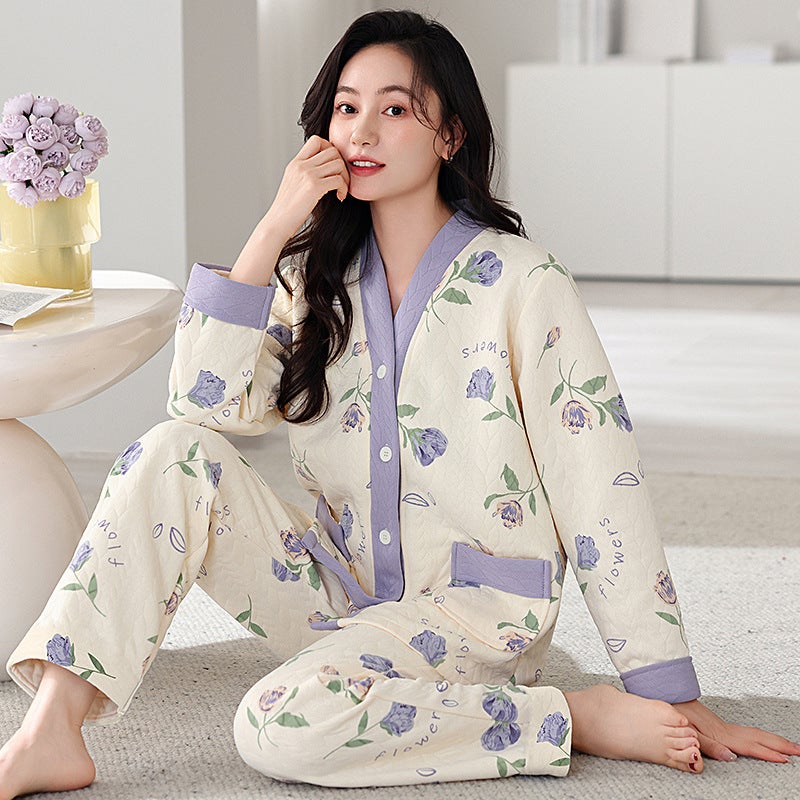 Pajamas Women'S Air Cotton Sandwich Thickened Cardigan And Kimono Warm Cotton Extra Large Size Home Clothes For Outer Wear - Image 1