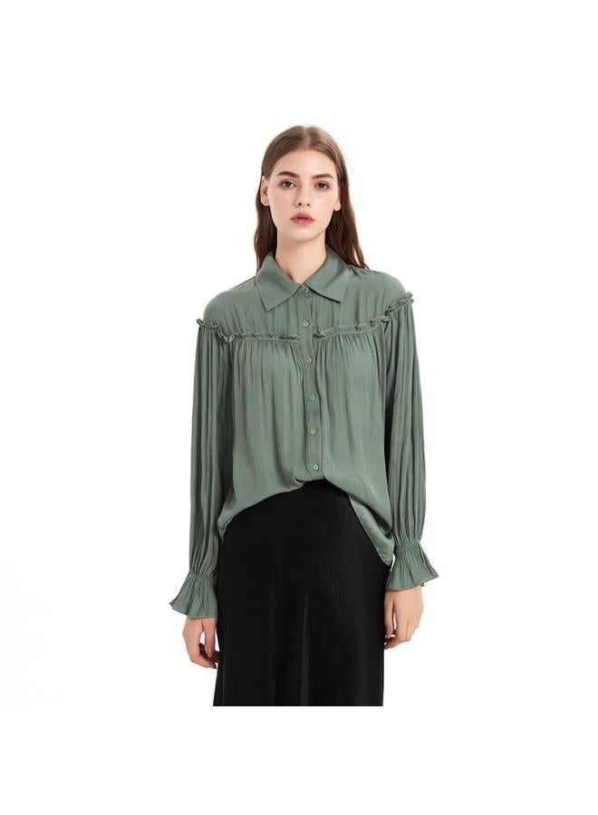 رحلة جوية قميص نسائي أنيق بأكمام طويلة وطية صدر فرنسية، بتصميم جديد بأكمام فانوس وتفصيلات متموجة بلون موحد - Image 1