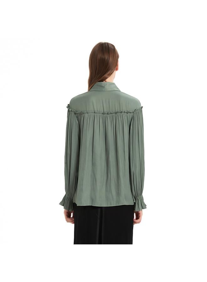 رحلة جوية قميص نسائي أنيق بأكمام طويلة وطية صدر فرنسية، بتصميم جديد بأكمام فانوس وتفصيلات متموجة بلون موحد - Image 4