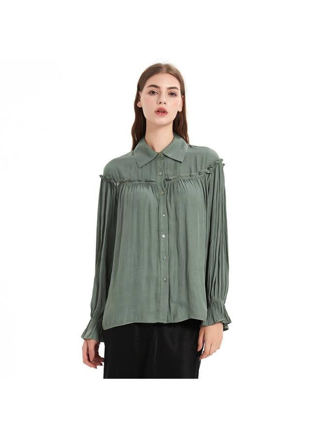 رحلة جوية قميص نسائي أنيق بأكمام طويلة وطية صدر فرنسية، بتصميم جديد بأكمام فانوس وتفصيلات متموجة بلون موحد - Image 3