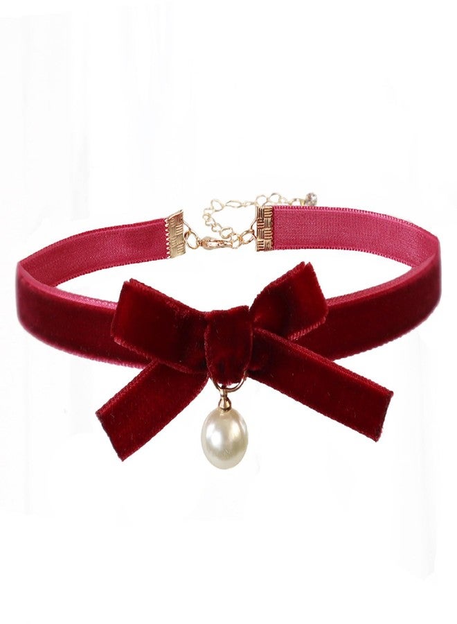 MIFYNN Bow Necklace for Women Red Bow Ribbon Choker Necklace Pearl Pendant Necklaces Cute Bow Knot Necklaces for Christmas Gifts (Red) - Image 1
