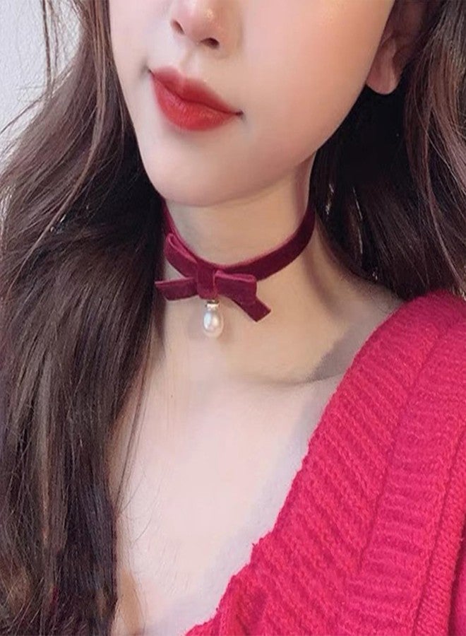 MIFYNN Bow Necklace for Women Red Bow Ribbon Choker Necklace Pearl Pendant Necklaces Cute Bow Knot Necklaces for Christmas Gifts (Red) - Image 4