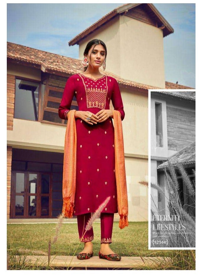 Kala KALAROOP RAMEE SALWAR KAMEEZ FABRIC TOP: MUSLIN WITH SEQUENCE WORK FABRIC BOTTOM: MUSLIN WITH SEQUENCE DUPATTA: FANCY JACQUARD BORDER DESIGN: 6  - Image 1