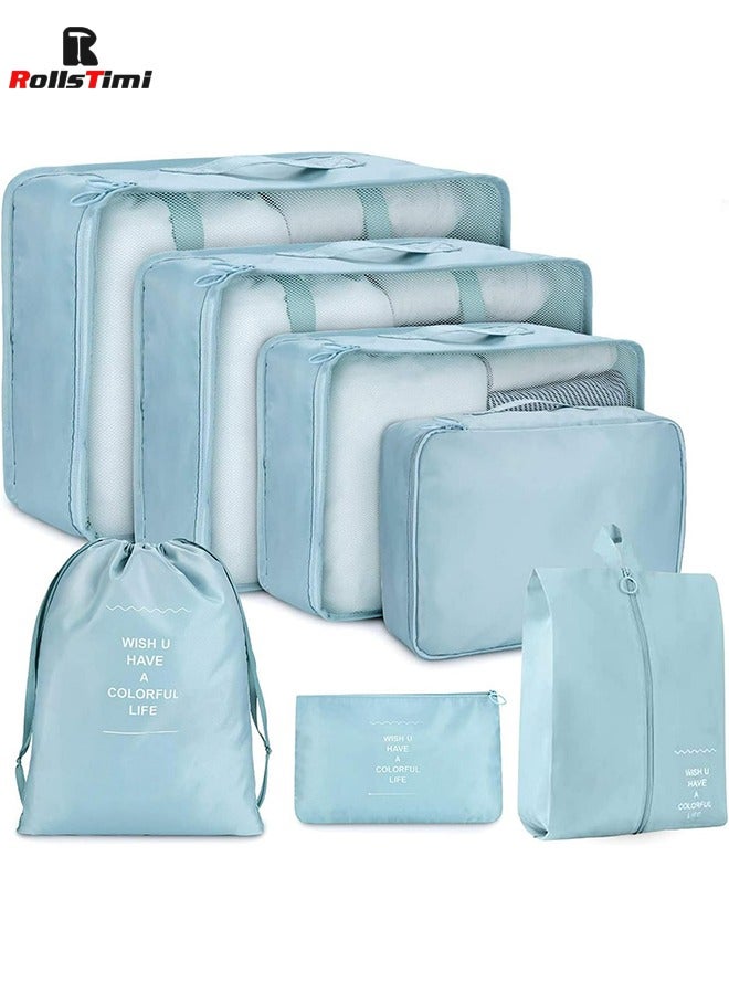 RollsTimi  7 Set Packing Cubes for Suitcases, Travel Luggage Packing Organizers with Laundry Bag, Compression Storage Shoe Bag, Clothing Underwear Bag,Blue - Image 1