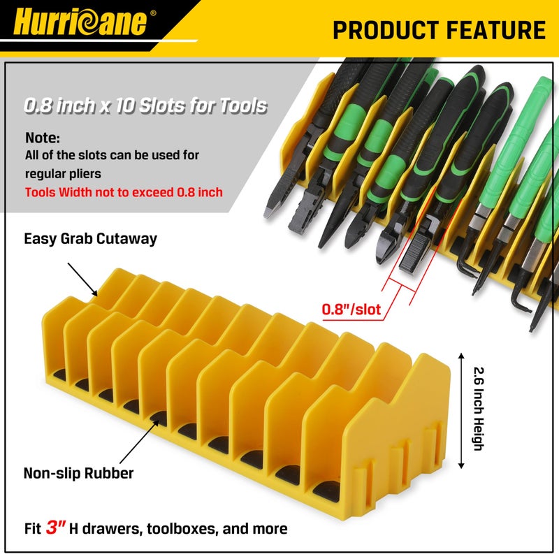 HURRICANE Plier Organizer Rack, 10-Slot Pliers Cutters Rack with Non-Slip Rubber Base, Tool Drawer Toolbox Organizer and Storage, Extendable Design, Fit 3â€ H, 1 Pack, Yellow - Image 3