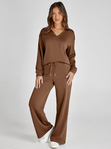 Glamaker Fall Lounge Sets For Women 2 Piece Outfits Casual Loose Long Sleeve Pants Sets Matching Sets (Brown XL) - Image 2