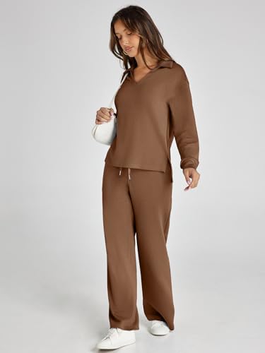 Glamaker Fall Lounge Sets For Women 2 Piece Outfits Casual Loose Long Sleeve Pants Sets Matching Sets (Brown XL) - Image 3