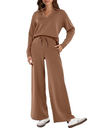 Glamaker Fall Lounge Sets For Women 2 Piece Outfits Casual Loose Long Sleeve Pants Sets Matching Sets (Brown XL) - Image 1