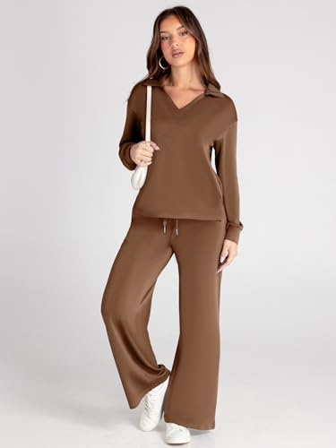 Glamaker Fall Lounge Sets For Women 2 Piece Outfits Casual Loose Long Sleeve Pants Sets Matching Sets (Brown XL) - Image 5