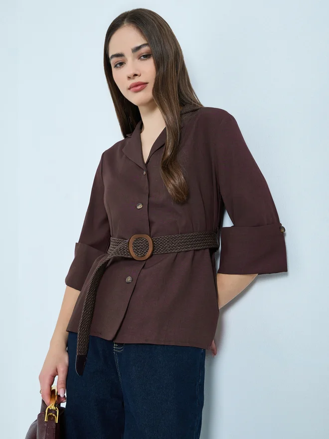 Styli Brown Collared 3/4 Sleeve Shirt with Belt