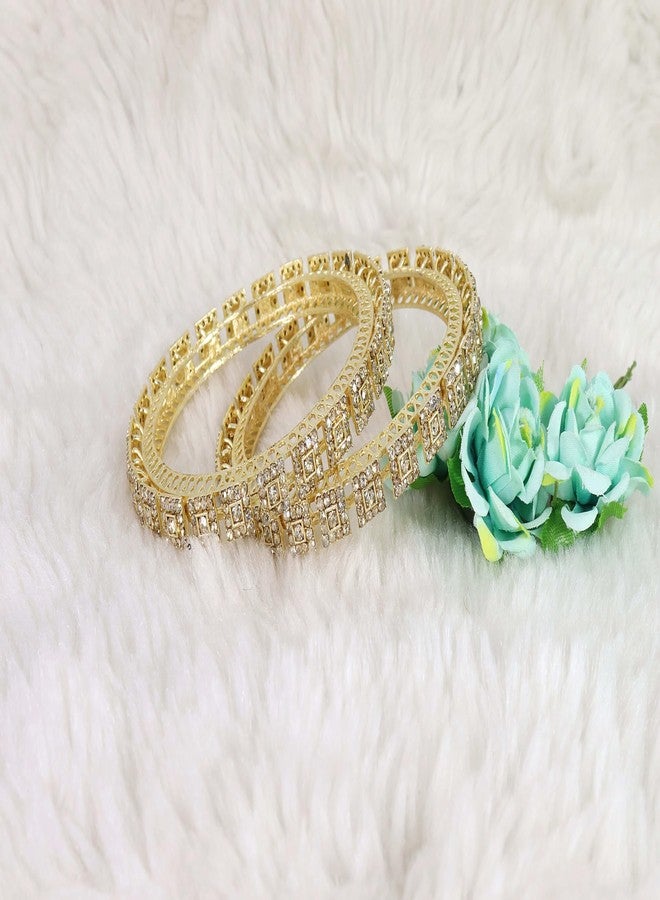 NMII Gold Plated Metal with Zircon Stone Bangles Pacheli Style Trendy Kada Set For Girls & Women | Stone Bangles | Bangles For Women Latest | Traditional Rajwadi Bangles-(MAH95-Gold-2.8) - Image 4
