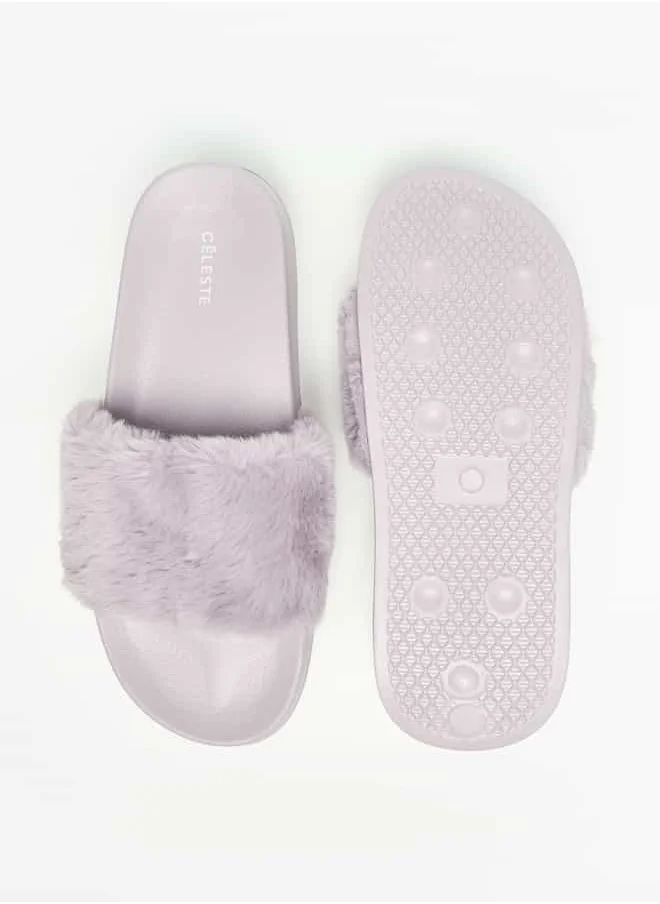 سيليست Women's Faux Fur Textured Slip-On Slides