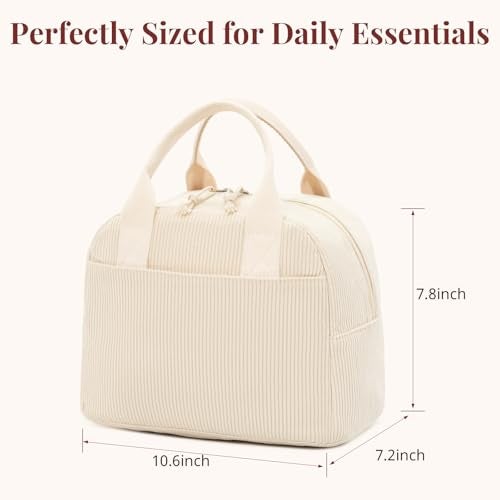 LOVELYWIND Insulated Cream Beige Lunch Bag for Women, Stylish Corduroy Tote with Aluminum Lining, Large Capacity Reusable Cooler for Work, Travel, or Beach, Beige Cream Water-Resistant Lunch Box - Image 4