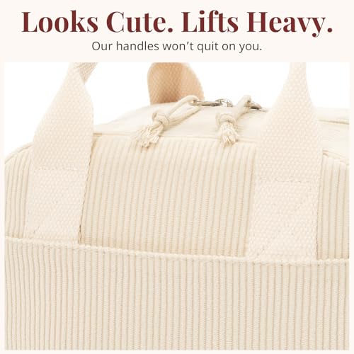 LOVELYWIND Insulated Cream Beige Lunch Bag for Women, Stylish Corduroy Tote with Aluminum Lining, Large Capacity Reusable Cooler for Work, Travel, or Beach, Beige Cream Water-Resistant Lunch Box - Image 5