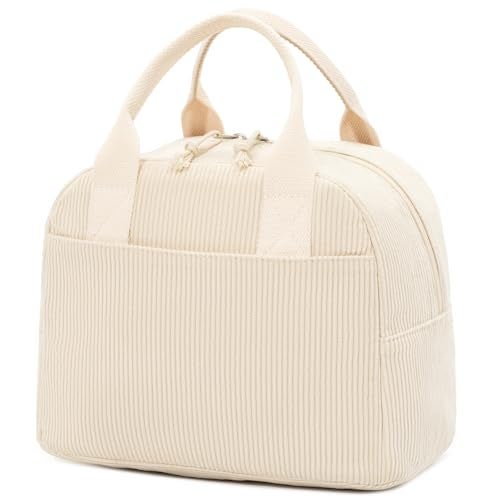 LOVELYWIND Insulated Cream Beige Lunch Bag for Women, Stylish Corduroy Tote with Aluminum Lining, Large Capacity Reusable Cooler for Work, Travel, or Beach, Beige Cream Water-Resistant Lunch Box - Image 1