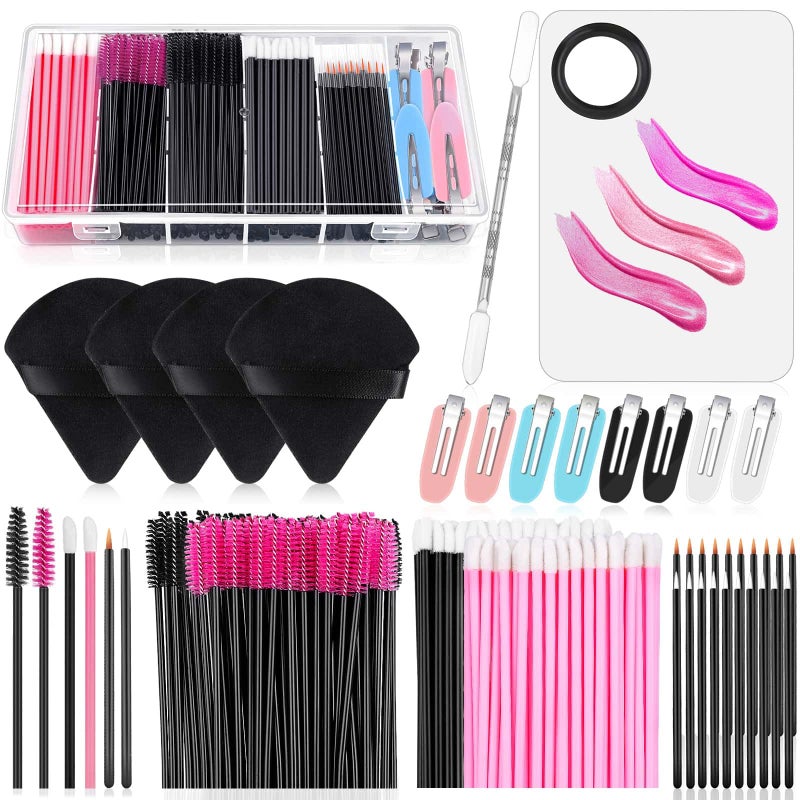 Disposable Makeup Applicators Kit with Triangle Puff Mixing Palette Artist Supplies Disposable Mascara Wands Lip Brushes Hair Clips Powder Puffs for Face with Storage Box