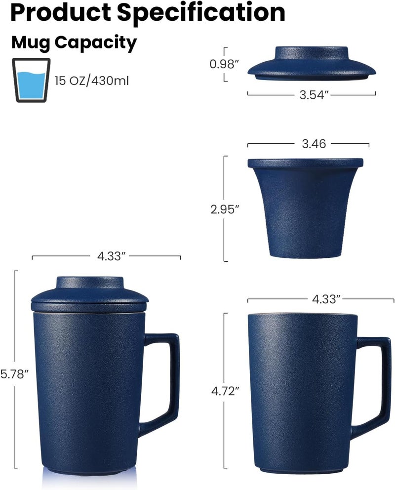 Foinly 15 OZ Porcelain Tea Infuser Cup with Lid,Ceramic Tea Mug with All-Porcelain Strainer for Loose Leaf Teas,Microwave and Dishwasher Safe Coffee Mug,Metal-Free,BPA-Free,Tea-Lover/Christmas Gifts (Blue) - Image 2