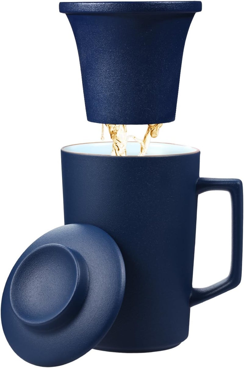 Foinly 15 OZ Porcelain Tea Infuser Cup with Lid,Ceramic Tea Mug with All-Porcelain Strainer for Loose Leaf Teas,Microwave and Dishwasher Safe Coffee Mug,Metal-Free,BPA-Free,Tea-Lover/Christmas Gifts (Blue) - Image 1