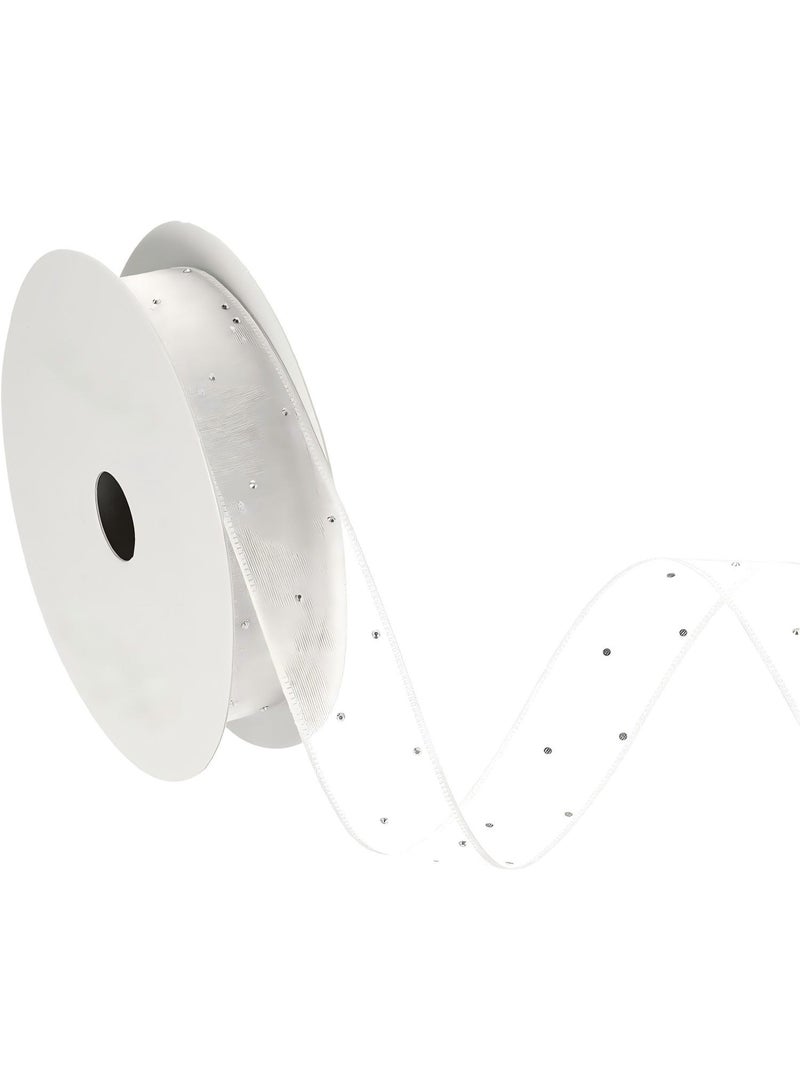Organza Sheer Ribbon with Silver Rhinestone, 1 Inch x 10 Yard Gauze Wired Ribbon for Christmas Tree Wreath Bow Making Gift Wrapping Party Decoration, White - Image 1