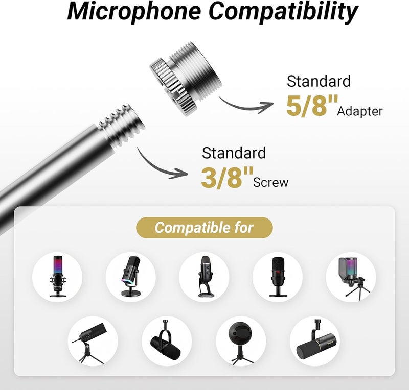 TONOR Low-Profile Microphone Arm for Podcasting and Streaming, Fully Adjustable 360° and Rotatable 90°, White - Image 5