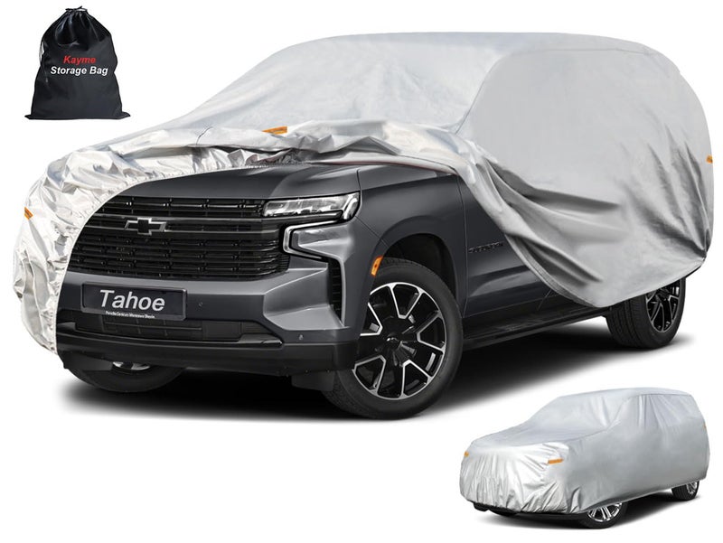 Kayme 6 Layers SUV Car Cover Custom Fit for Chevrolet Chevy Tahoe 20072025 Waterproof All Weather for Automobiles Outdoor Full Cover Rain Sun UV ProtectionSilver